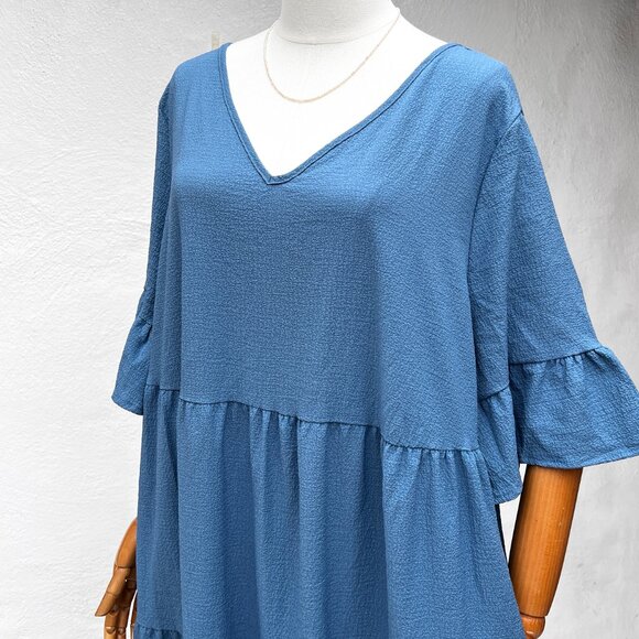 Emery Rose Tiered Ruffle Blue Maxi Dress With Pockets & Bell Sleeves Sz 4X Long - Picture 2 of 13
